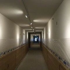 Long, dim hallway with white walls, brown lower panels, and lights leading to a bright doorway.