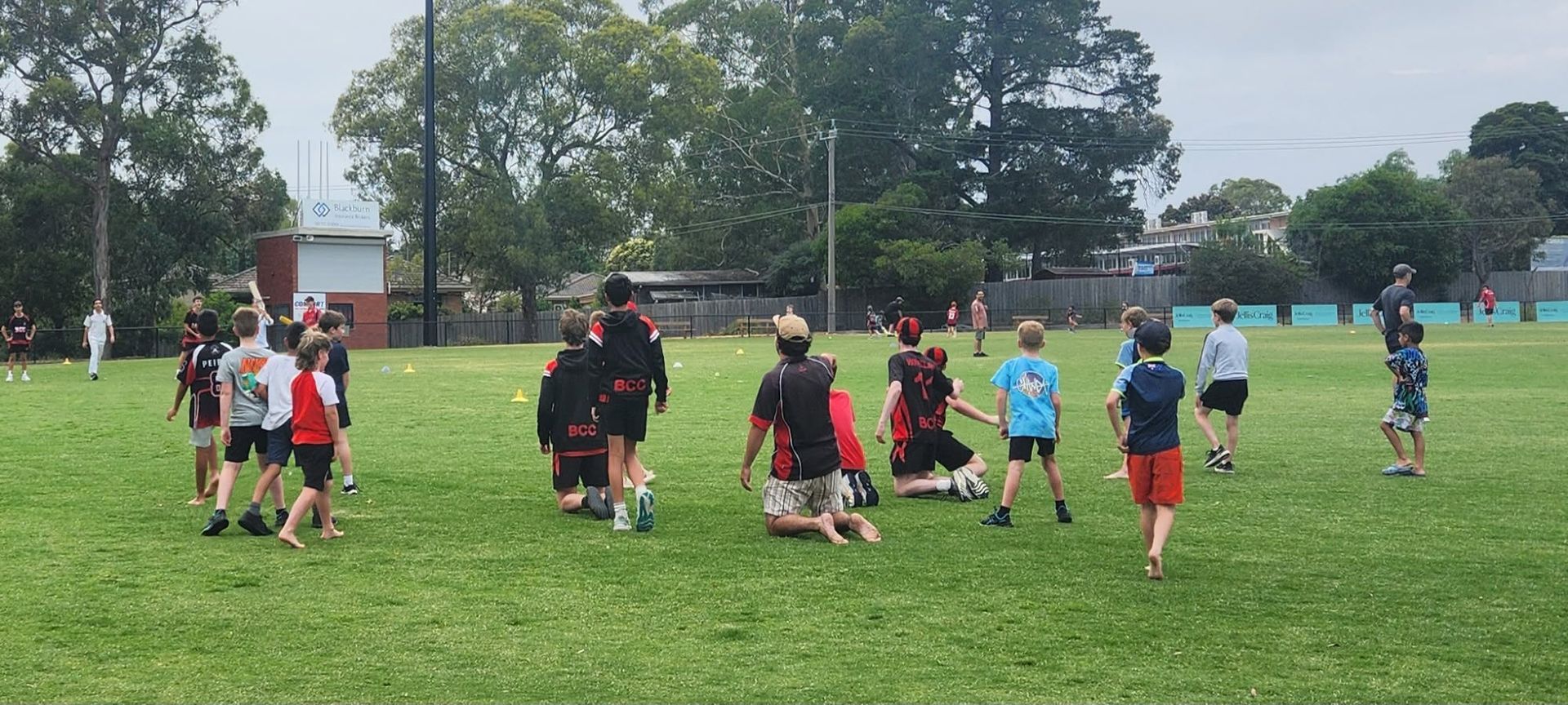 Children playing football on a grassy field under cloudy skies, wearing colorful sports jerseys.