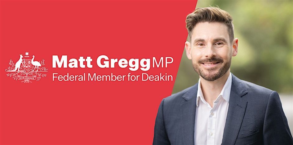 Matt Gregg MP campaign banner with white text on red background and a portrait of a man in a suit
