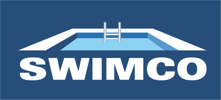 SWIMCO logo in white on a blue background with a stylized pool and diving board