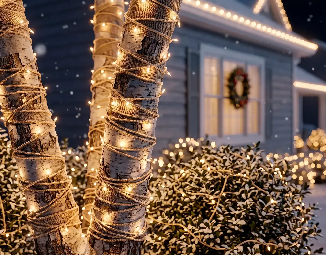 Wrapped trees and shrubs with holiday lighting