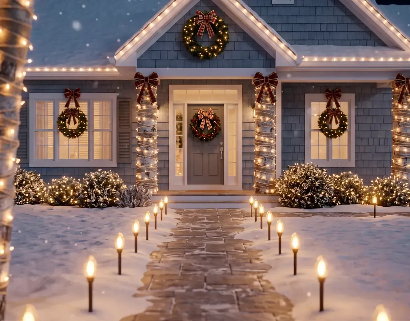 Holiday lighting for walkways columns and wreaths