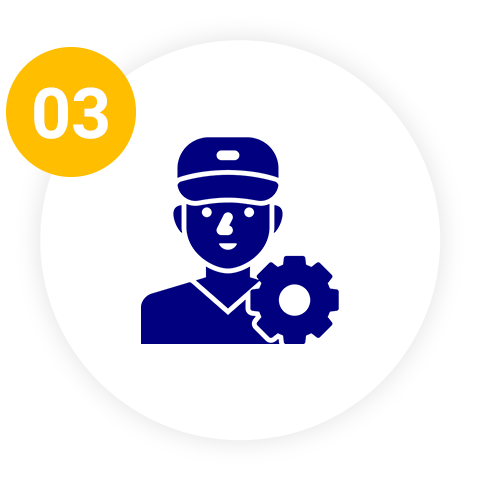 A blue icon of a man with a hat and a gear.
