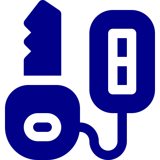 A blue icon of a key with a cord attached to it.