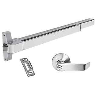 A stainless steel door handle and a stainless steel door bar on a white background.