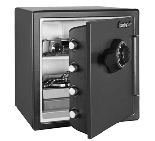 A black safe with the door open and a combination lock