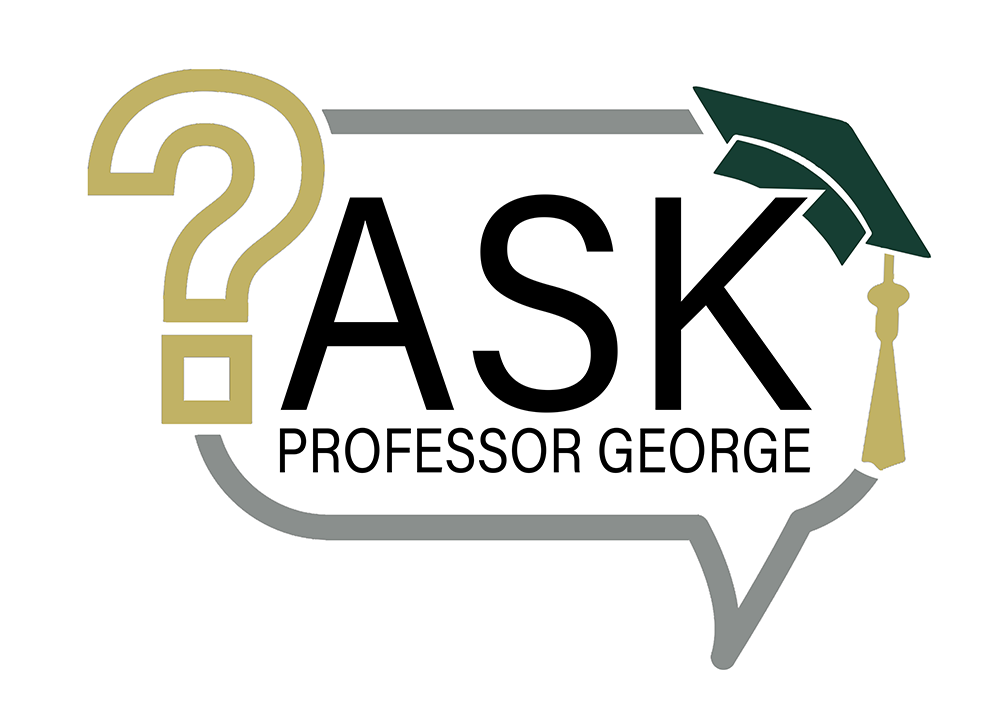 A logo for ask professor george with a speech bubble and a graduation cap.