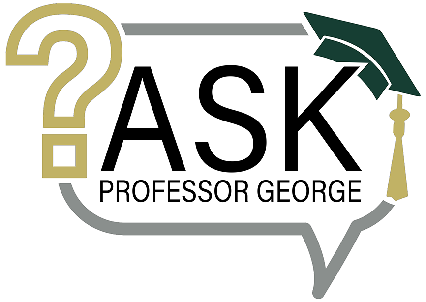 A logo for ask professor george with a graduation cap and tassel.