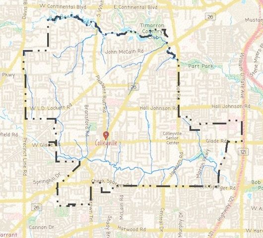 Map of Colleyville marked with a dashed outline.