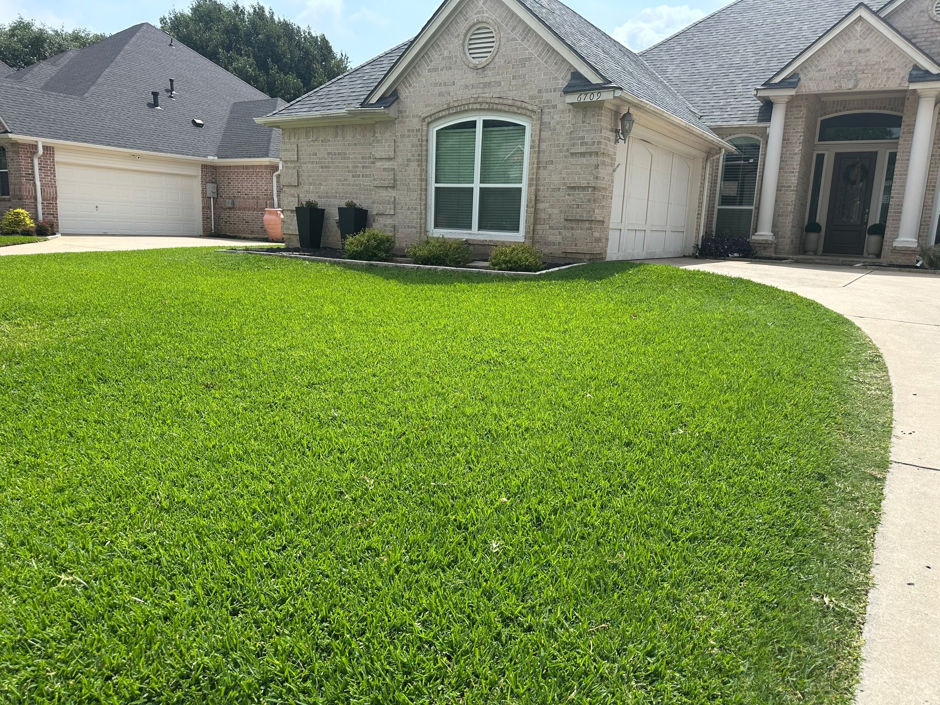 Suburban stone house with a bright green lawn and curved driveway under a clear sky