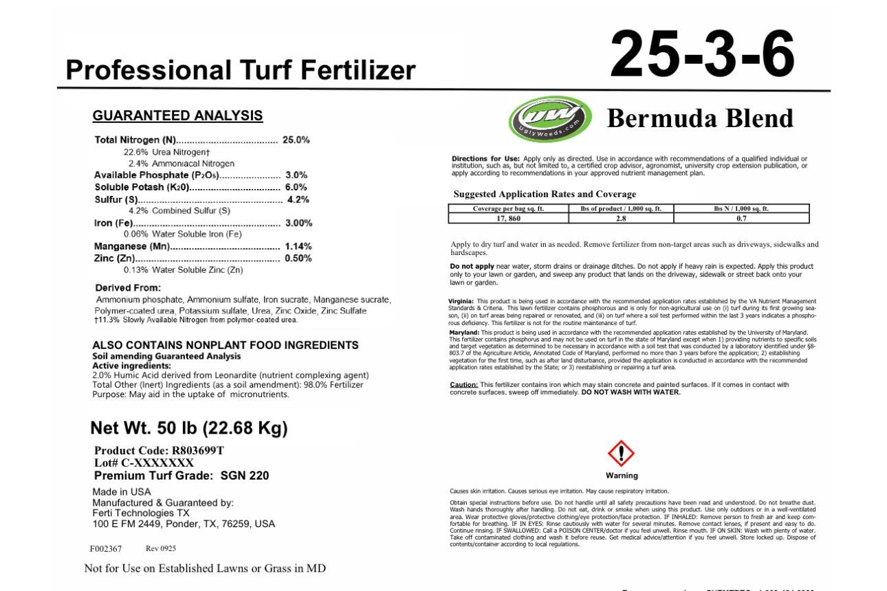 Fertilizer bag label for 25-3-6 Professional Turf Fertilizer, Bermuda Blend, with product details and instructions