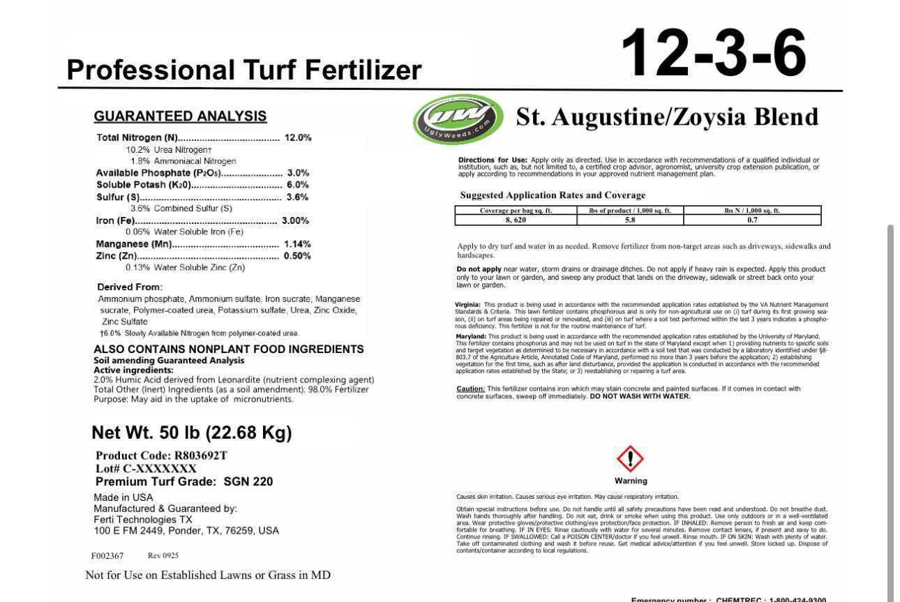 Label for Professional Turf Fertilizer 12-3-6, St. Augustine/Zoysia Blend, with product details text.