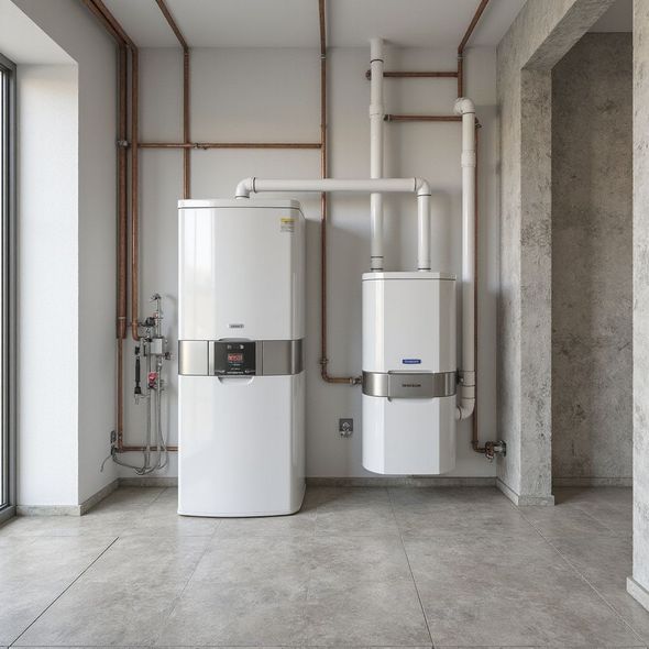 In un ambiente interno minimalista, sono installati due termosifoni e scaldabagni bianchi a ridosso di una parete, con tubature in rame.