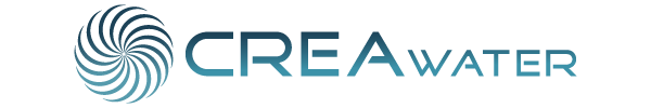 Logo aziendale: un'icona circolare vorticosa accanto alla parola CREAWATER in blu, con carattere sans-serif.