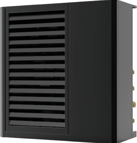 Un'unità esterna moderna per pompa di calore HVAC di colore nero, con pannelli frontali a lamelle e porte di connessione laterali a vista.