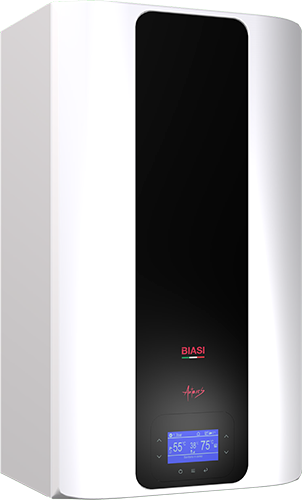 Scaldabagno elettrico bianco e rettangolare con pannello di controllo verticale nero e display digitale blu.