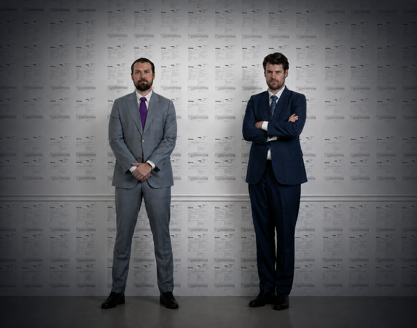Two attorneys standing in front of a wall, with their arms crossed