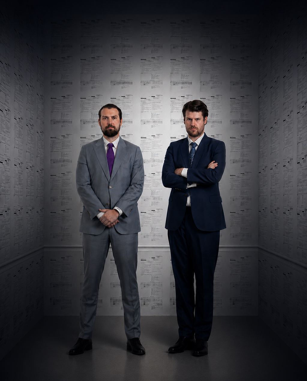 Two attorneys standing in front of a wall, with their arms crossed
