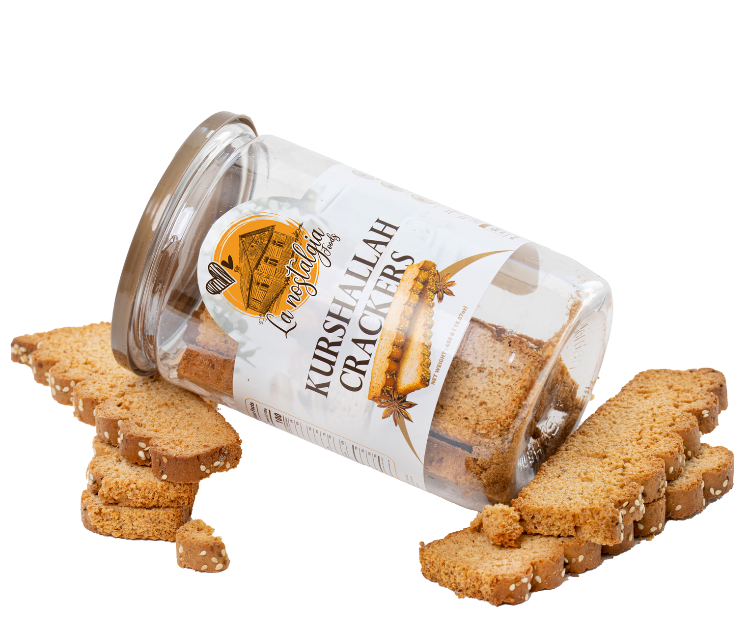 A jar of kirshallah crackers is sitting on top of a pile of crackers.