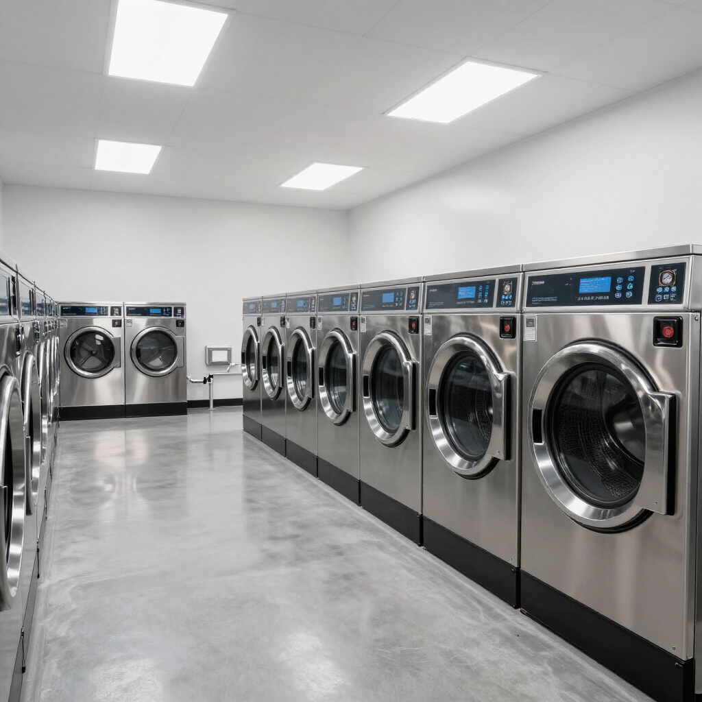 Modern laundromat with rows of stainless steel front-loading washers and dryers under bright lights