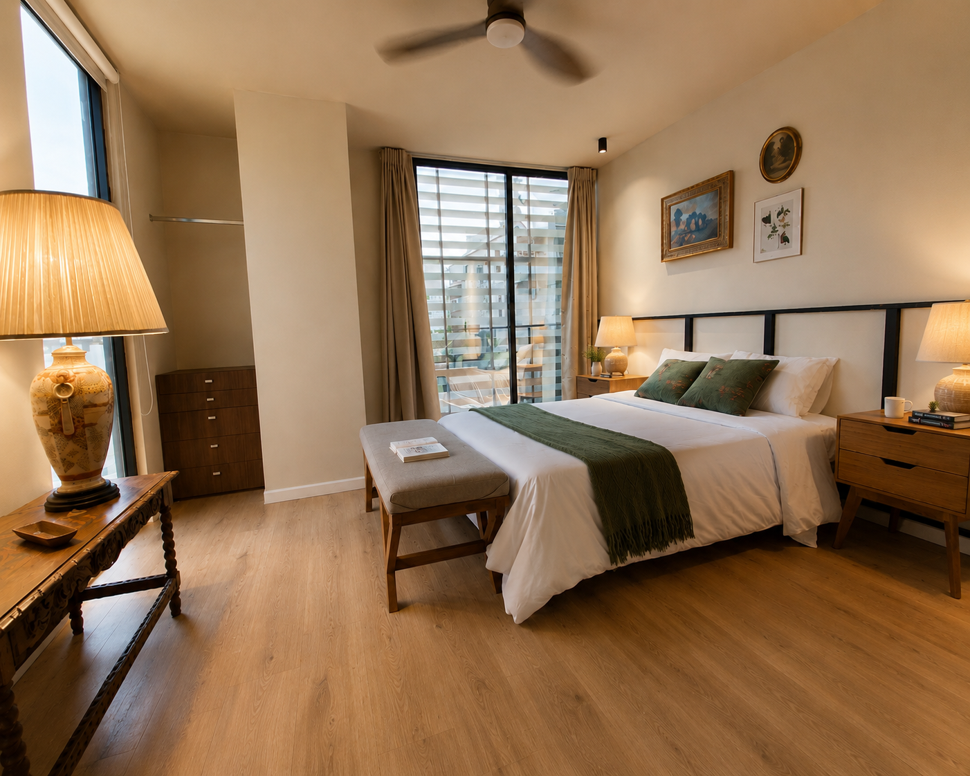 Bright bedroom with a bed, lamp, and large windows overlooking a city view
