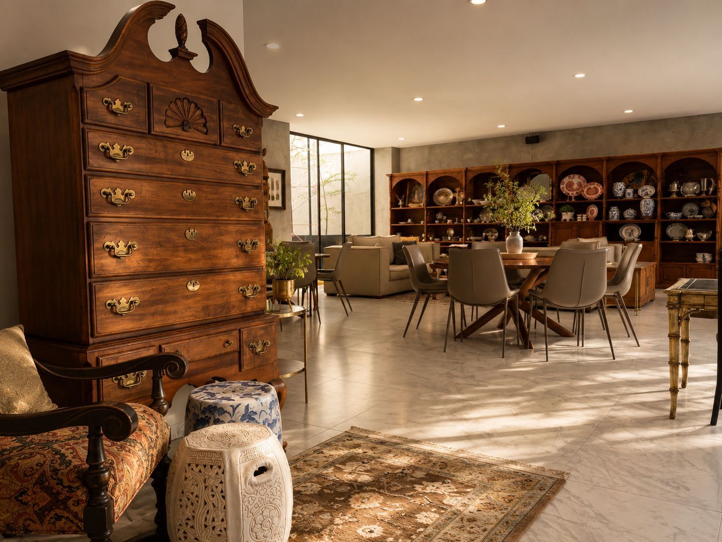 Elegant living room with carved wood dresser, dining table, armchairs, and display shelves