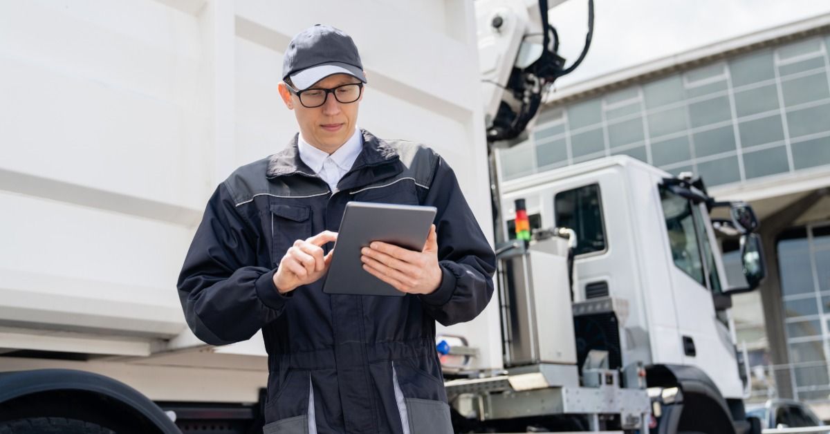 A person taps a tablet while standing beside a white truck outdoors.