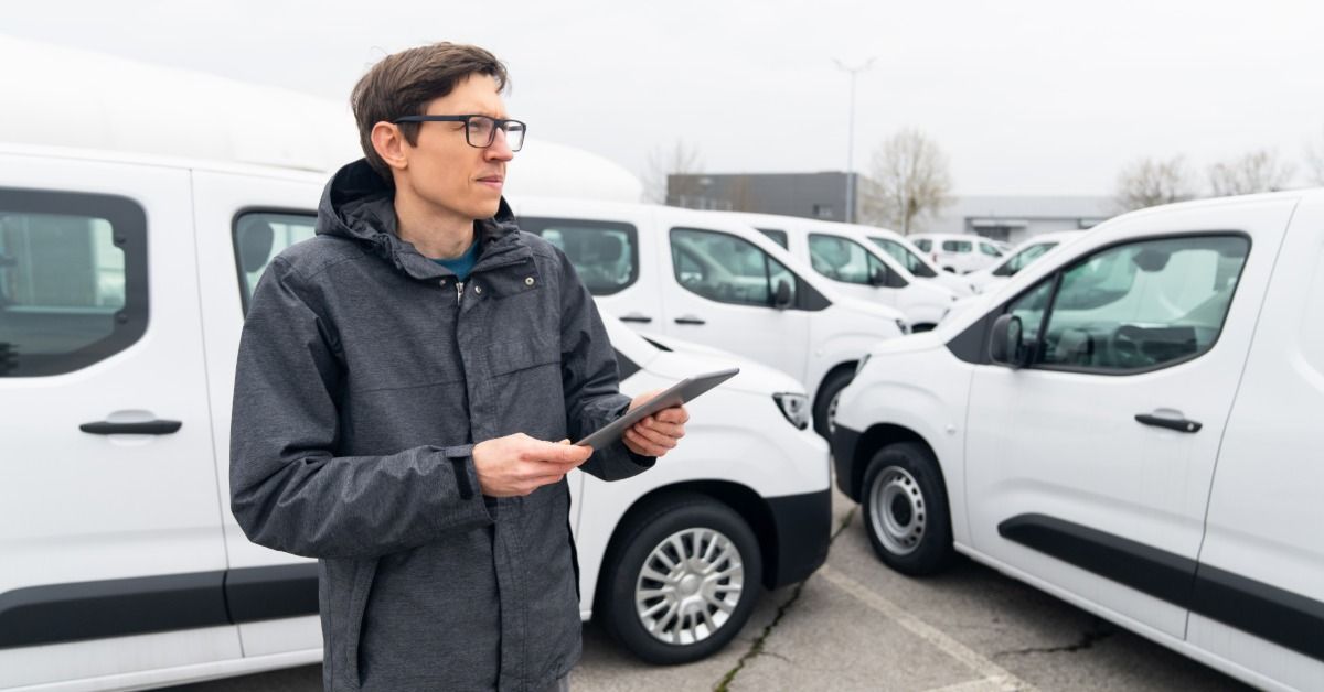 A person holding a tablet stands between rows of white vans in a parking lot.