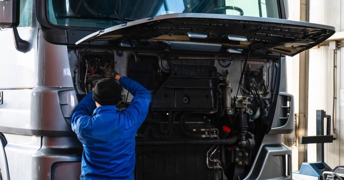 A man in a blue uniform works on wiring beneath the raised hood of a white truck inside a repair garage.