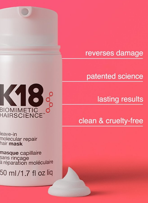 A bottle of biomimetic hair science k18 leave in molecular repair hair mask