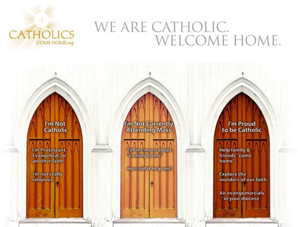 Click to visit Catholics Come Home An image of three doors labeled I'm Not Catholic, I'm not Currently Attending Mass, and I'm Proud to be Catholic. Linked to catholicscomehome.org.