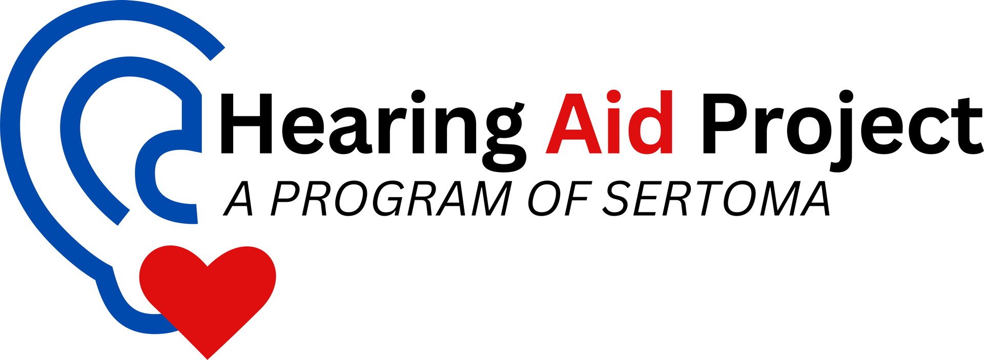 Logo for Hearing Aid Project, with a blue ear outline, red heart, and text