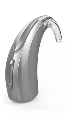 Silver Behind-the-Ear hearing aid, curved with a clear tube and ear tip, isolated on white.