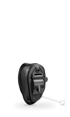 Black hearing aid with a small clear wire.
