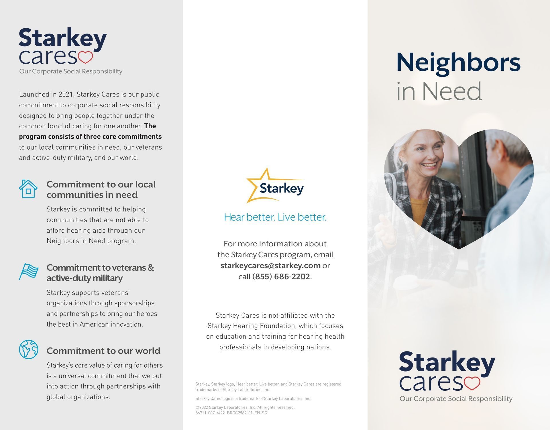 Brochure: Starkey Cares with text, logo, and photo of people helping each other.