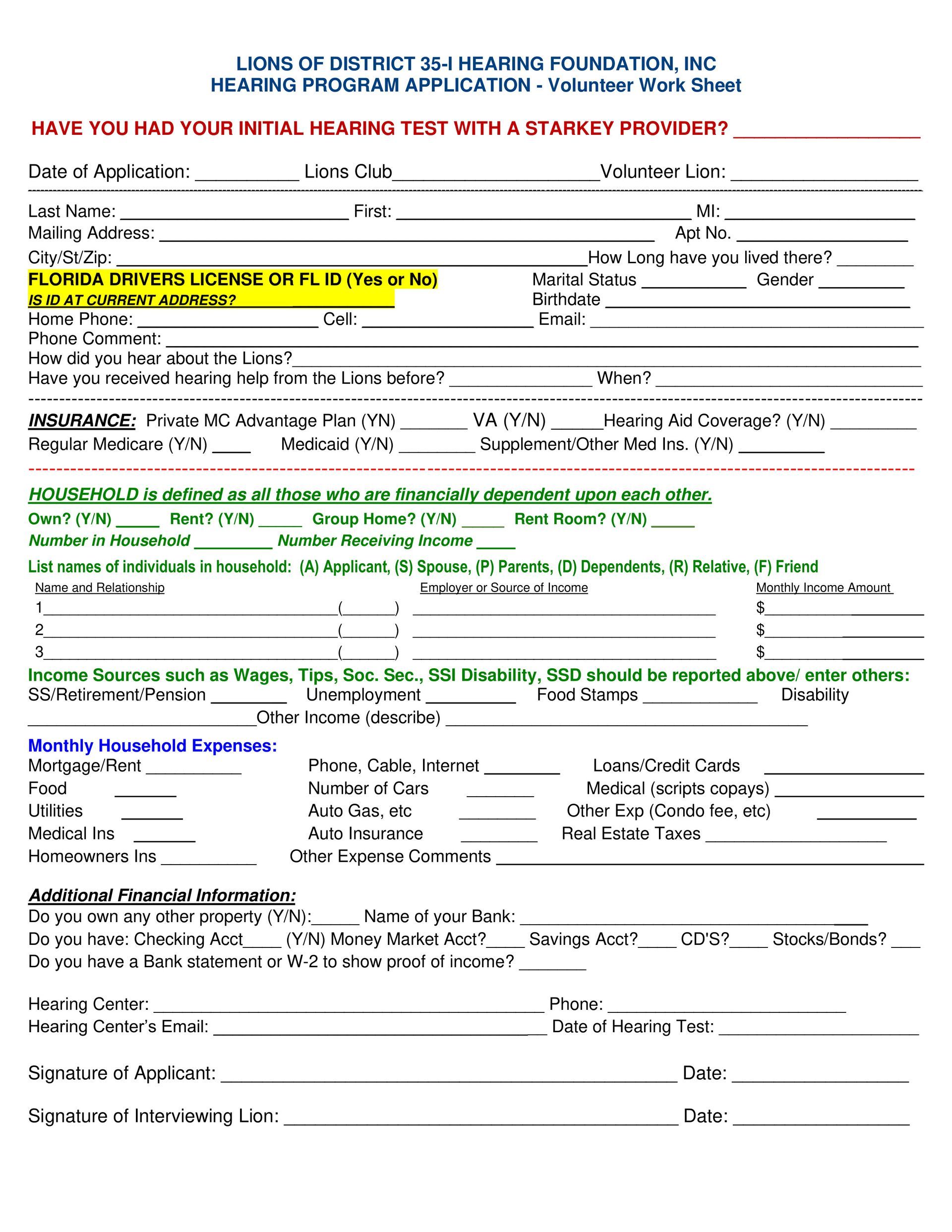 Application form for the Long Island District Hearing Foundation, Inc. requesting financial assistance; includes fields for personal information.