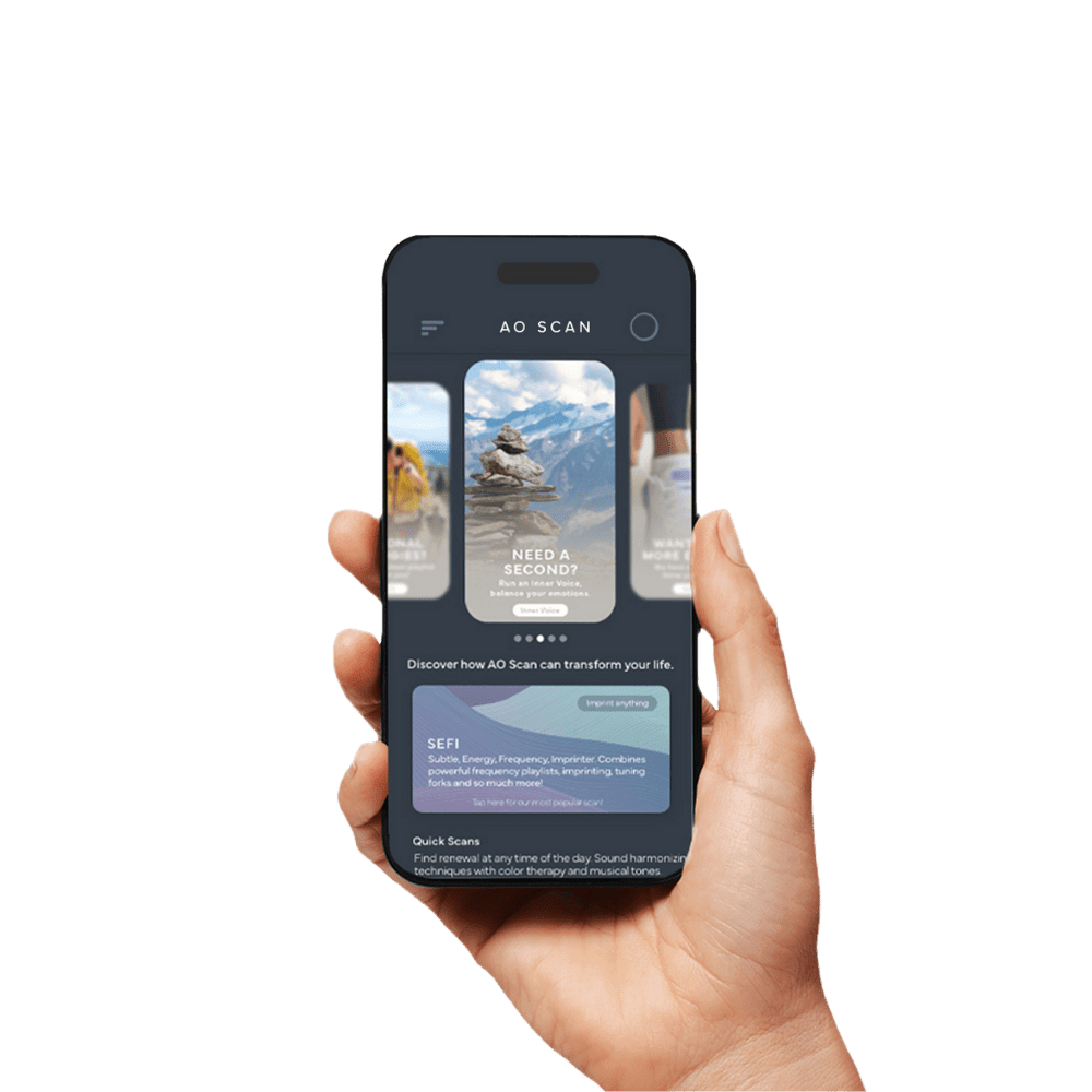 A hand holding a smartphone displaying a meditation app with nature scenes.