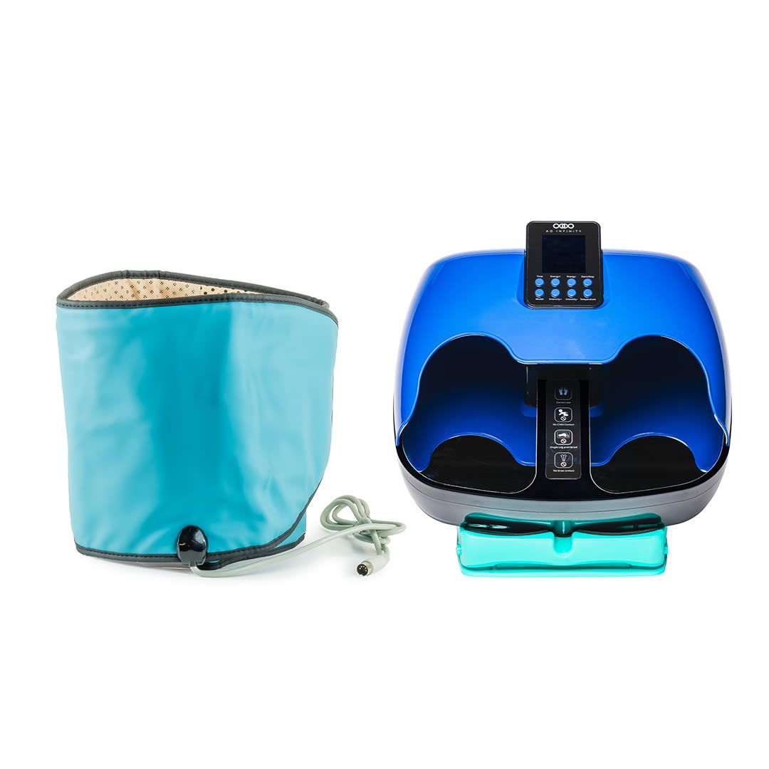 Blue foot massager with a leg wrap and small display.