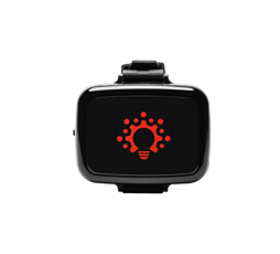 Black wrist-worn device with a red illuminated gear and lightbulb logo.