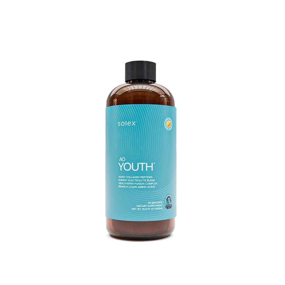 A brown bottle of 'AO Youth' hair product with a blue label against a white background.