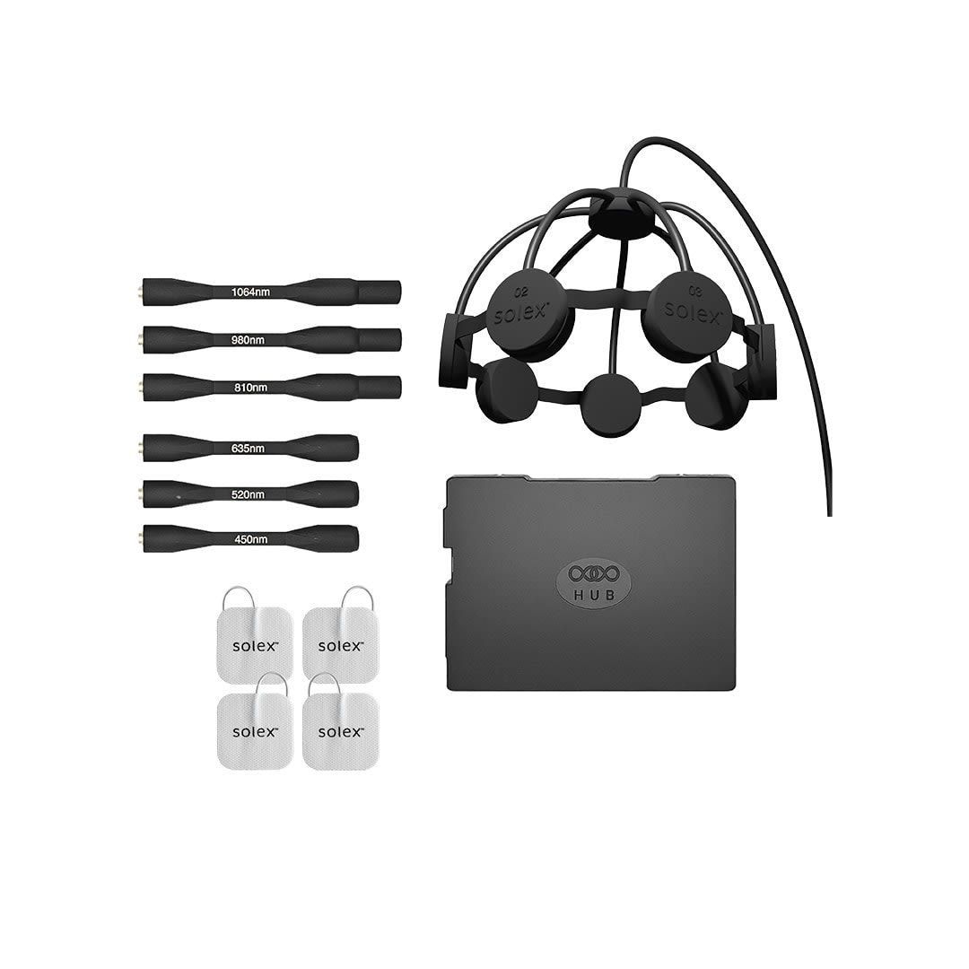 A black brain-sensing headband, electrodes, and a case.