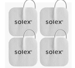 Four square white Solex electrode pads with metal wire leads.