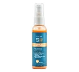 Orange spray bottle of dietary supplement with blue label.