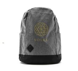 Gray backpack with black base, gold logo and