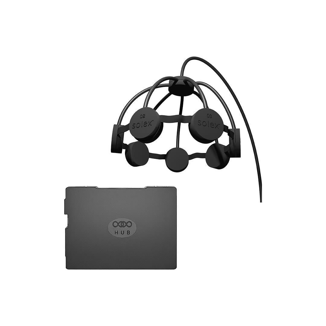Black EEG headgear and a black device, likely for brain activity measurement.