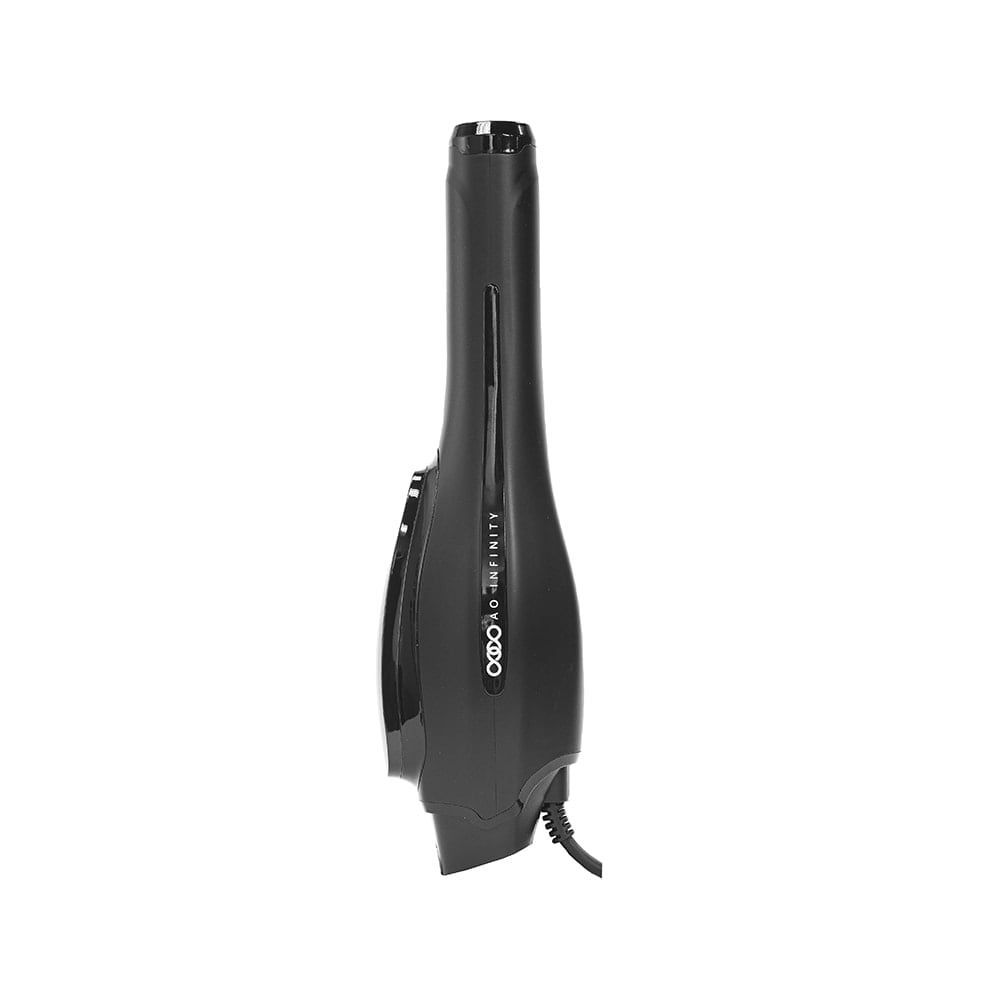 Black hair curling iron, angled, on white background.
