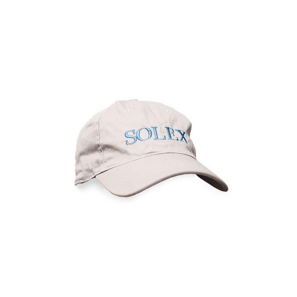 Tan baseball cap with "SOLEX" embroidered in blue.