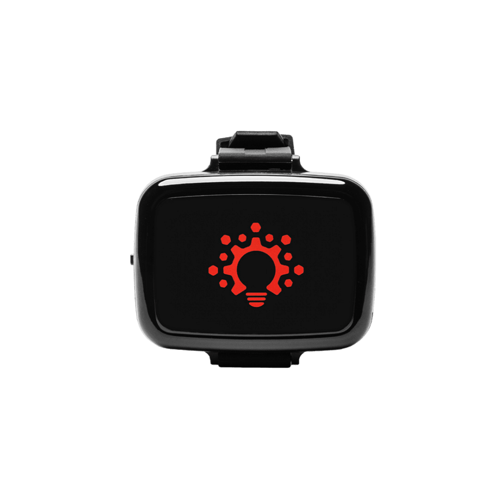 Black wearable device with a red, circular logo.