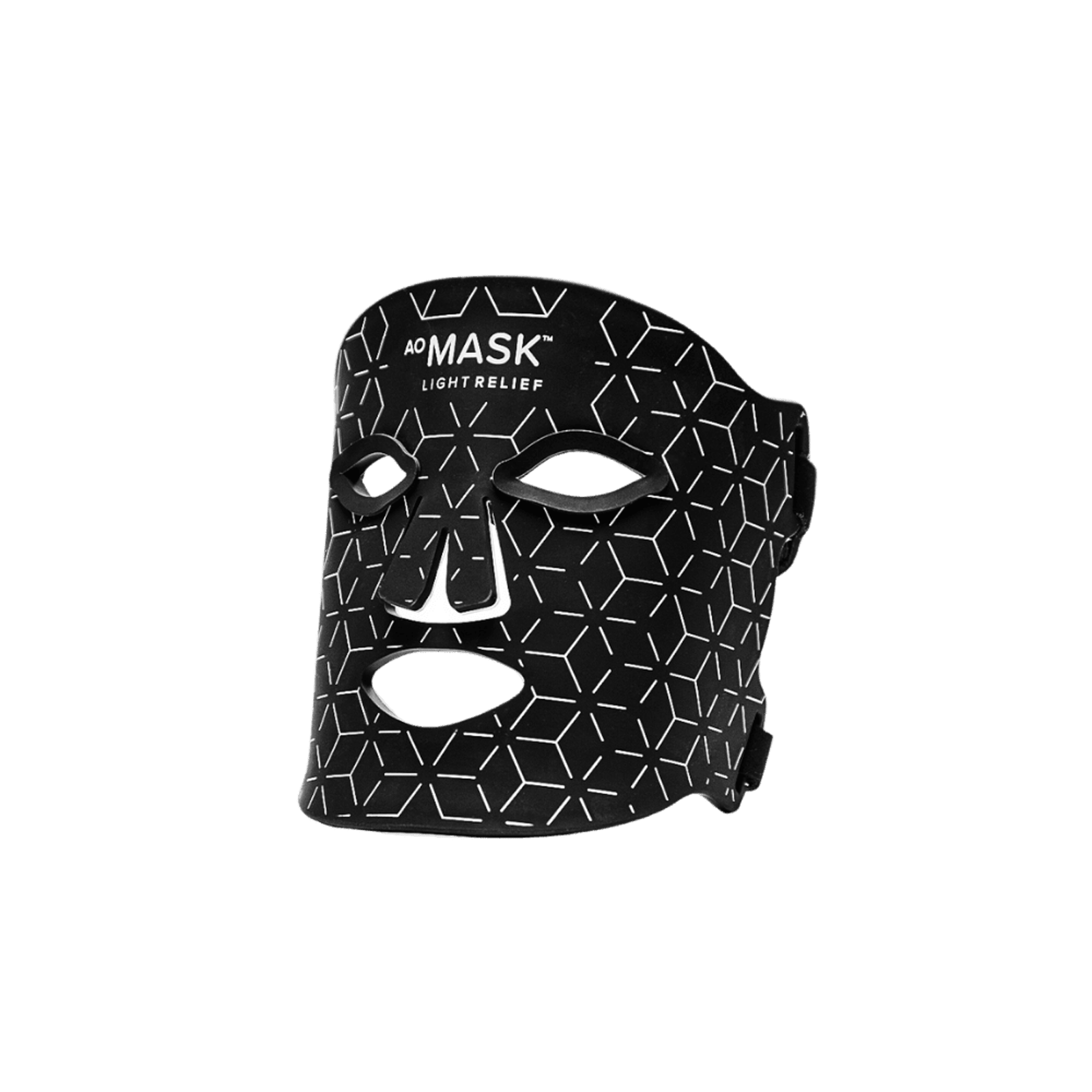 Black LED face mask with geometric pattern, for light therapy.
