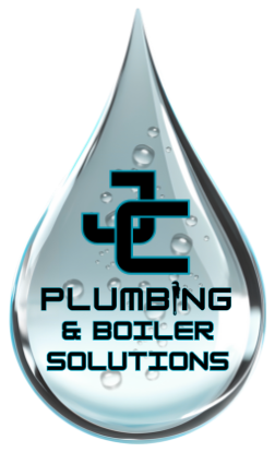 Water droplet logo with “JC Plumbing & Boiler Solutions” text in black and blue.